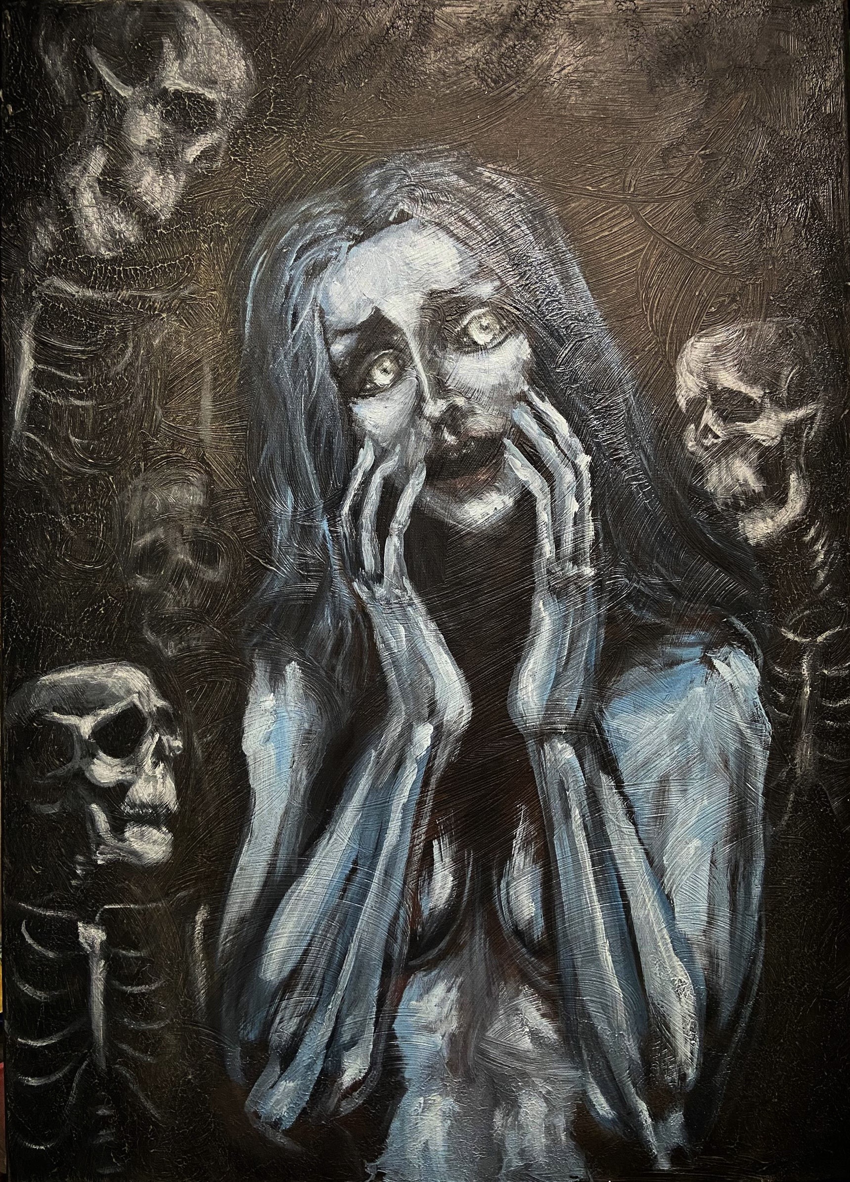 Mujer azul y calaveras